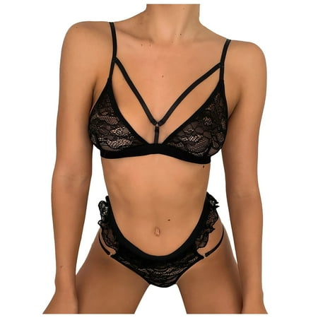 

HIMIWAY Women s Fashion Sexy Lace Two-Piece Suit Solid Color Wireless Bra Sexy Underwear Panties Black