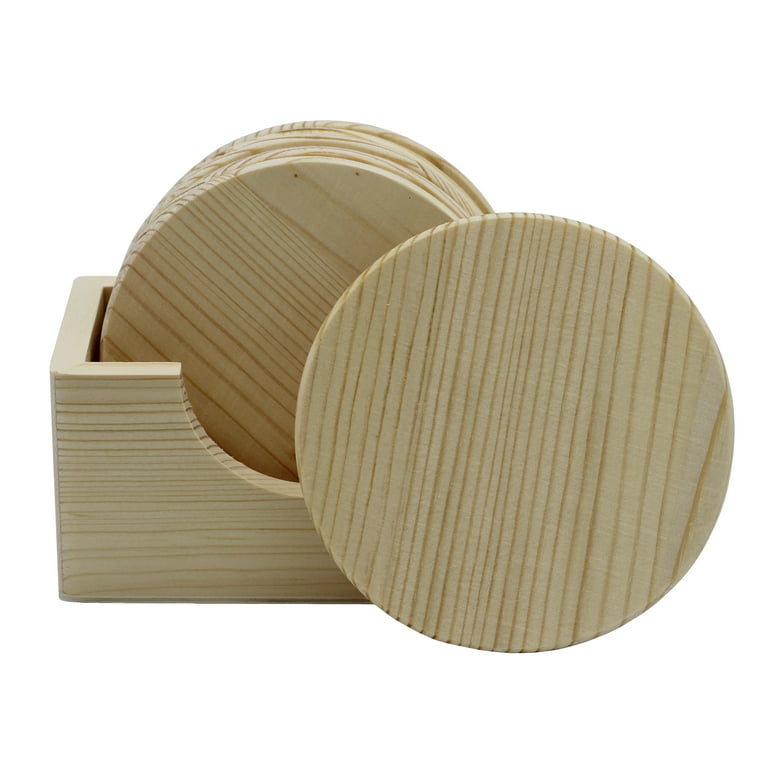 6 Pack of Unfinished Wood Coasters with Holder – 4 Inch Round Wooden Coaster  DIY Craft, Sanded and Ready to Decorate, Paint or Stain 