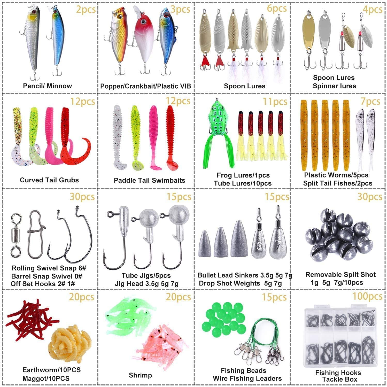 302Pcs Fishing Accessories, Small Tackle Box with Crankbaits, Spinnerbaits, Plastic Worms, etc