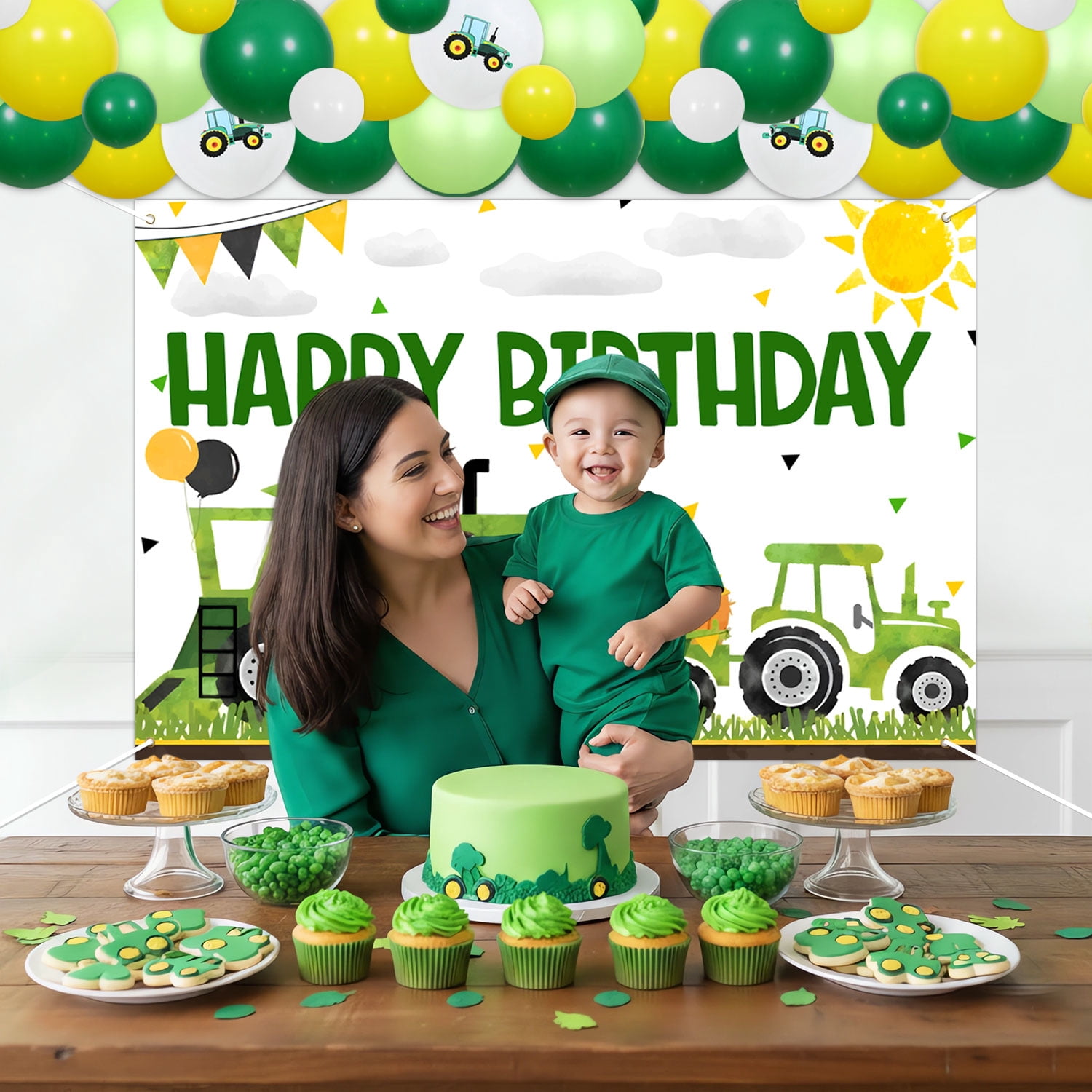 67Pcs Farm Tractor Theme Birthday Party Decorations Happy Birthday Photography Background Cloth Green Tractor Backdrop Foil Balloon Garland Arch Kit for Tractor Themed Kids Birthday Decor Supplies