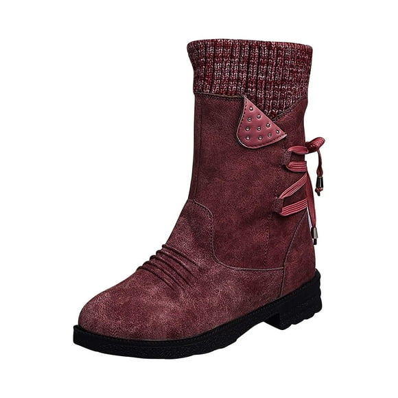Jsaierl Womens Mid-calf Snow Boots Fashion Back Strap Elastic Round Toe Square Heel Slip-On Boots Winter Outdoor Warm Casual Shoes