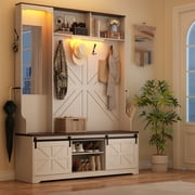 ChVans 75" Hall Tree with Mirror, LED Farmhouse Hall Tree with Bench and Shoe Storage, Hallway Tree w/ Sliding Barn Door, Umbrella Holder, Coat Rack for Entrance Entryway Mudroom, White