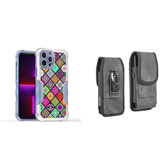 Case and Pouch Bundle for iPhone 14: Heavy Duty Armor Rugged Case (Mediterranean Tile Pattern) and Vertical Rugged Denim Nylon Belt Holster