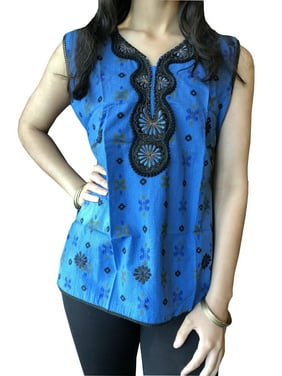 Mogul Women Tunic Top, Blue Black embroidered Blouse Bohemian Handmade Cotton Summer Sleeveless Tops SM