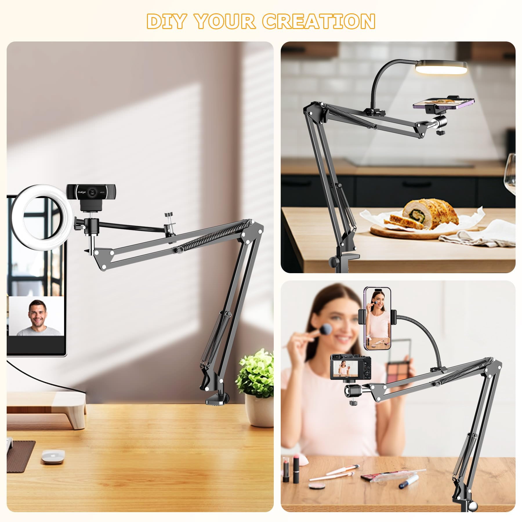 Overhead Camera Mount With Ring Light  Flexible Articulating Phone Arm Stand Compatible Webcam Desk Tripod For Live Stream Cooking Video Recording