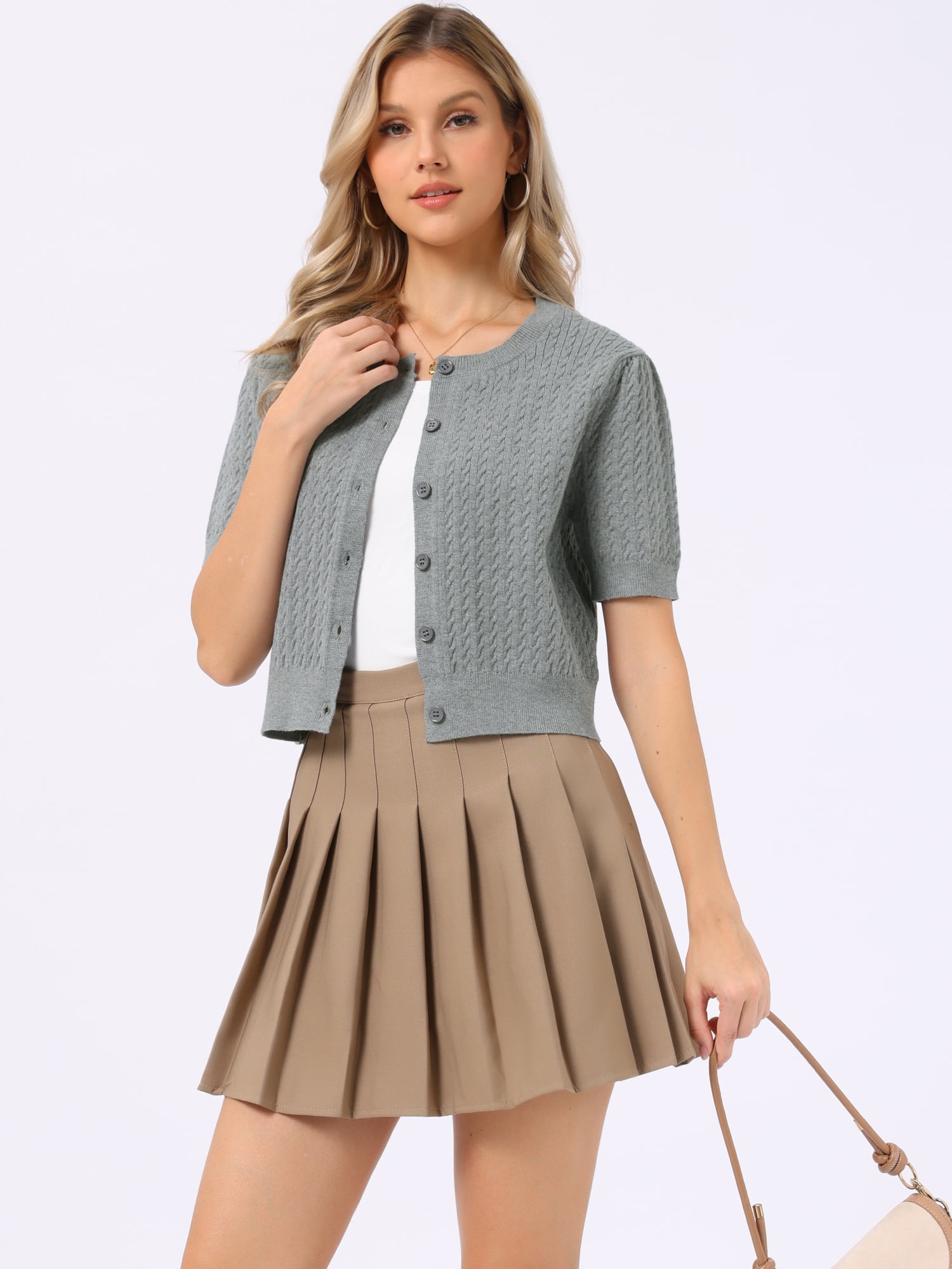 DARING DIVA Women's Short Sleeve Knit Button Down Lightweight Cardigan L Grey