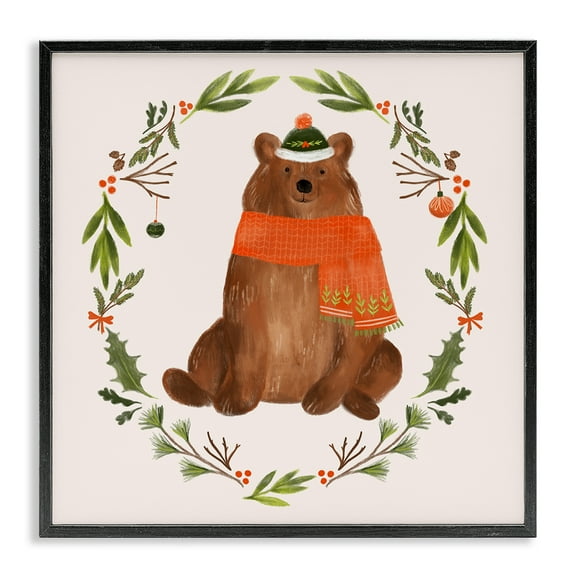 Stupell Industries Holiday Bear Wreaf Holiday Painting Black Framed Art Prints Wall Art, 12 x 12
