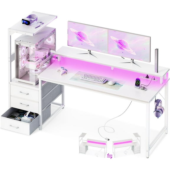 59 Inch Gaming Desk with USB Charging Ports & LED Light - Reversible Computer Desk with 3 Fabric Drawers, Monitor Stand, CPU Stand, and Side Hook, Modern Office Desk