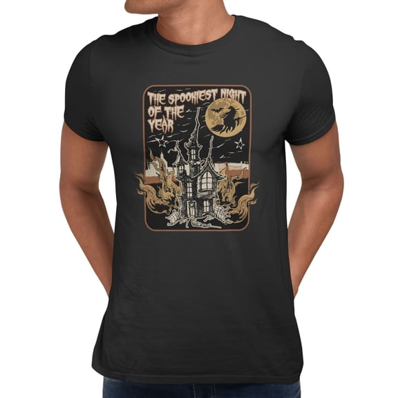 Graphic Apparel Halloween Men's Spookiest Night Of Year Haunted House Poster T-Shirt - Black - Small