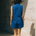 thumbnail image 6 of Women's 2 Piece Outfit Sleeveless Button Down Vest Top and High Waist Shorts Set, Textured Wrinkle Fabric Casual Matching Set, Loose Fit Summer Lounge Wear Blue S, 6 of 6
