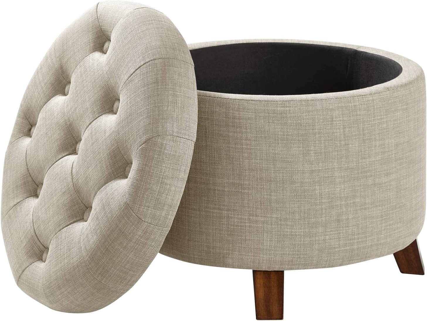 Round Storage Ottoman Foot Rest with Button Tufted Upholstery, Sturdy Linen Fabric, Multipurpose Footstool with Storage for Living Room and Bedroom 20" x 17" Beige