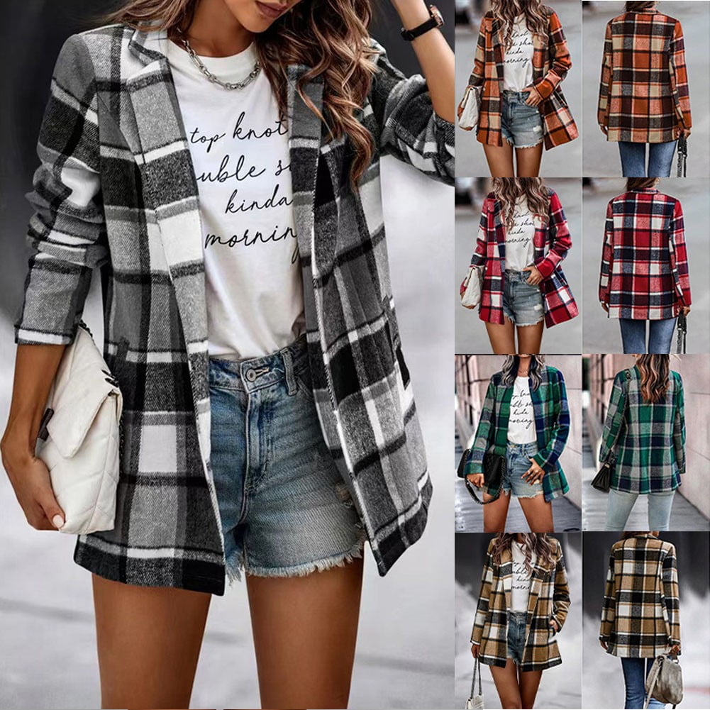 ALSLIAO Womens Plaid Check Blazer Suit Ladies Casual Formal Jacket Coat  Long Sleeve Y2K Tops Orange 3XL 