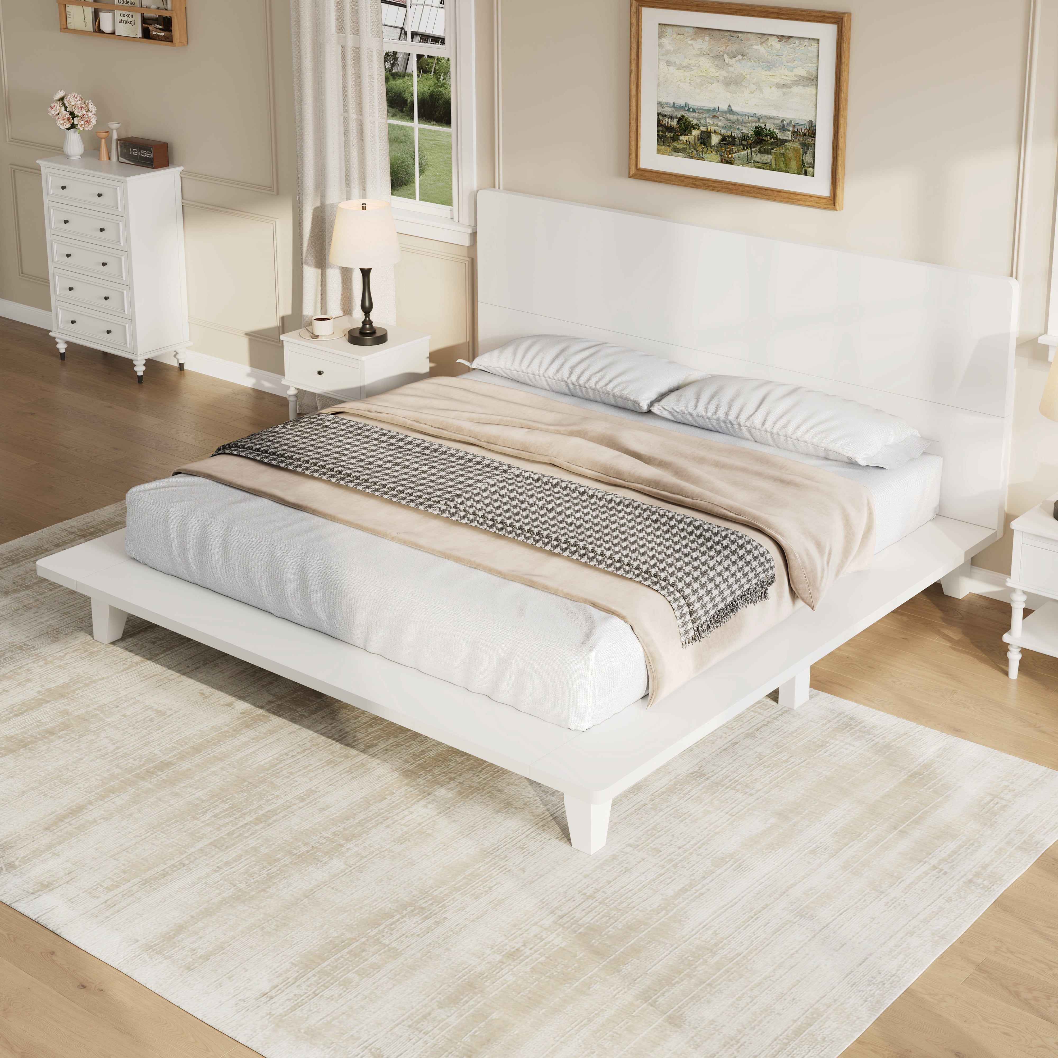 Mintazer King Size Platform Bed Frame with Headboard, Modern Bed with Slatted Support, No Box Spring Needed, White