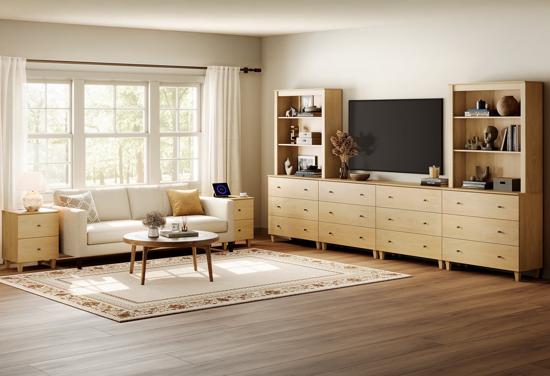 WAMPAT Entertainment Center and Side Table Set of 3, Modern Wooden TV Stand for 75" TV with Drawers and Open Shelves, 2 Charging End Tables for Living Room, Oak