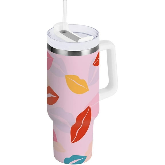 40 oz Tumbler with Handle Lid and Straw Insulated Water Tumbler Stainless Steel Water Cup Mug Bottle Reusable Cup Holder Friendly Multicolored Lip Kisses