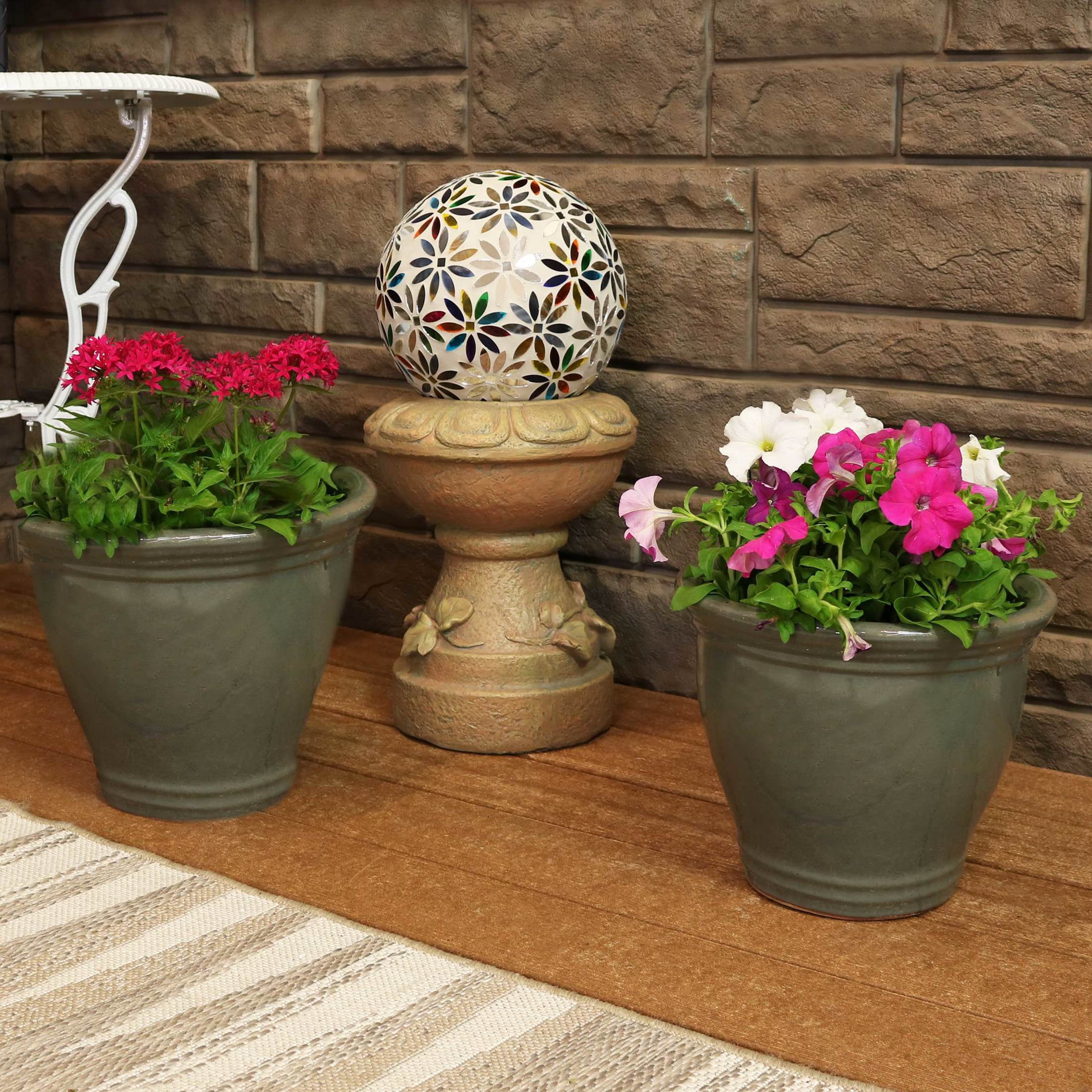 Sunnydaze Studio 11.5" x 11.5" x 10" Round Gray Ceramic Outdoor Planter 2-Count