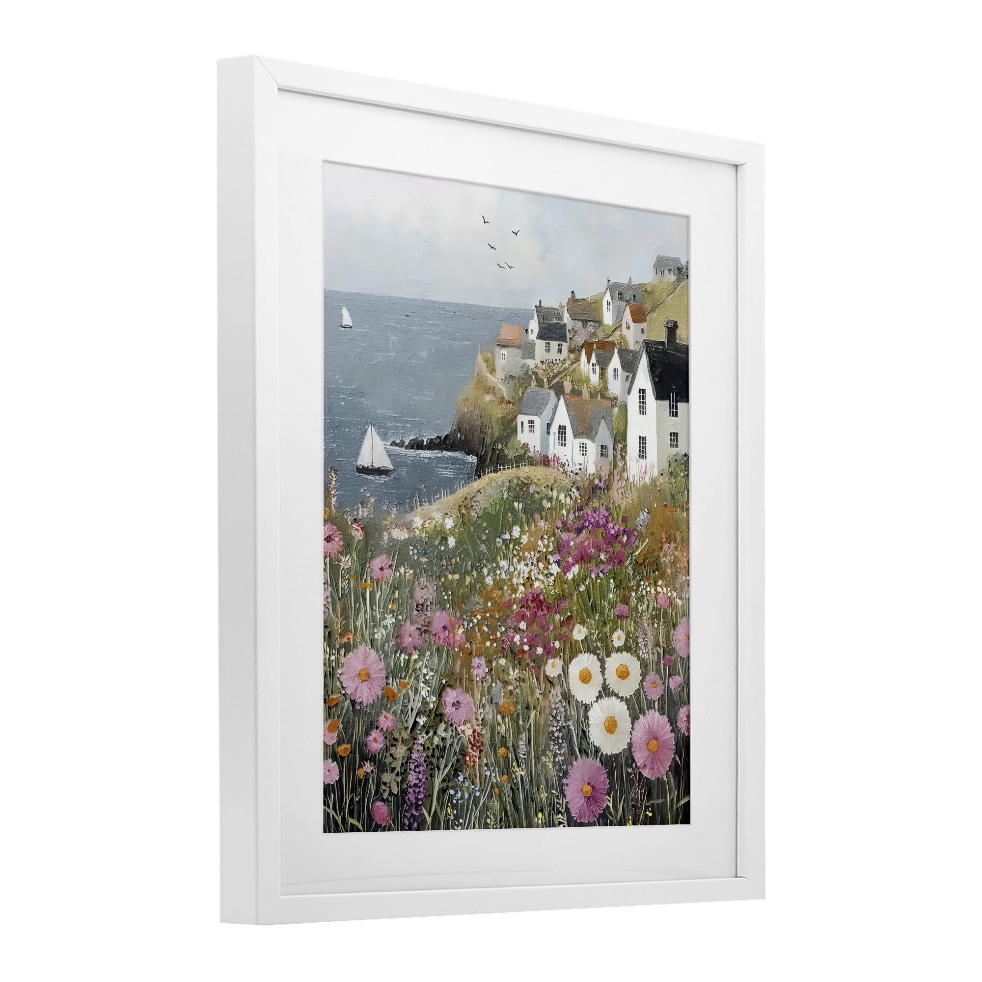 Stupell Industries Pink Meadow Overlooking Sailboats White Framed Print Under Glass, design by Riley B