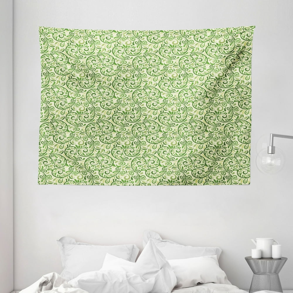 Green Tapestry, Swirled Curly Abstract Leaves with Damask Influences ...