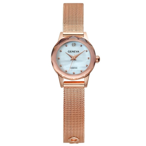 Geneva Ladies Rose Gold Tone 22mm Genuine Diamond Faceted Bezel Brown Strap Watch