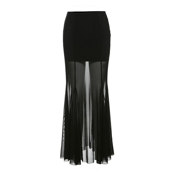 High-waisted Mesh Skirt Women Maxi Skirt Elastic High Waist Mesh Long Skirt Hip Wrapped See-through Gauze Cover Slim Skirt Daily Wear