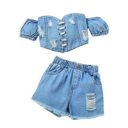 

Kids Toddler Baby Girls Short Bubble Sleeve Off Shoulder Tops Solid Jeans Shorts Pants 2PCS Set For 3-4 Years