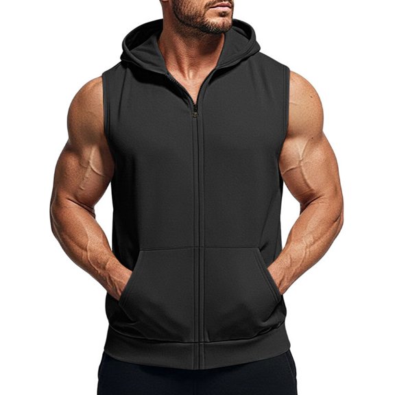 Men'S Workout Hooded Tank Tops Fashion Muscle Zip Up Sleeveless Hooded Slim Fit Gym Hoodie Black L