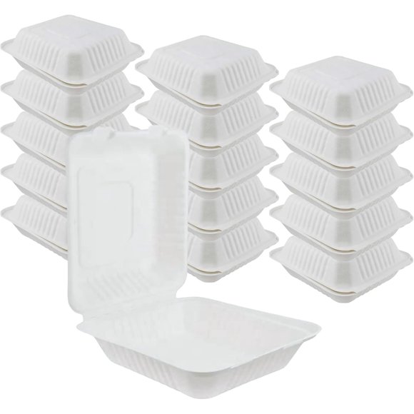 QNP Supplies 100 Count - Compostable Square Hinged Take Out Food Containers - Natural, Bagasse, Natural, Disposable, Biodegradable To Go Boxes Made of Sugar Cane Fibers (9"x9"x3")