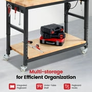 Workbench for Garage,ENJOYWOOD Heavy Duty 60 inch 2 Tier Wood Work Bench with Rolling Wheels and Power Outlets,Rubber Wood Tabletop,2000 LBS Load Bearing Workstation Garage Desk Table Worktable