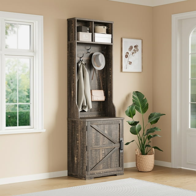 Farmhouse Hall Tree with Shoe Storage 23.6", Small Coat Rack Cabinet with 5 Hooks, Shoe Cabinet & Open Shelves