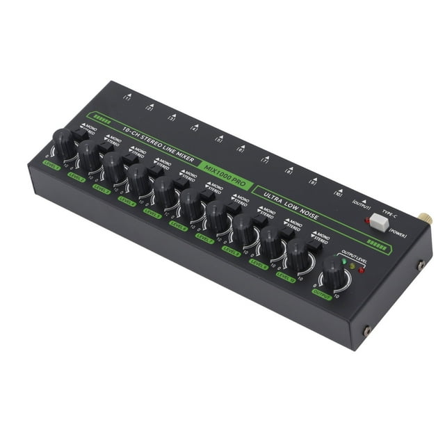 MIX1000 Low Noise 10 Channel Line Mixer, 10 Stereo Channel Mini Audio Mixer with RGB Light, 10 Input 1 Output, Stereo Mono Switching Mixer for Guitar Keyboard Drum Stage