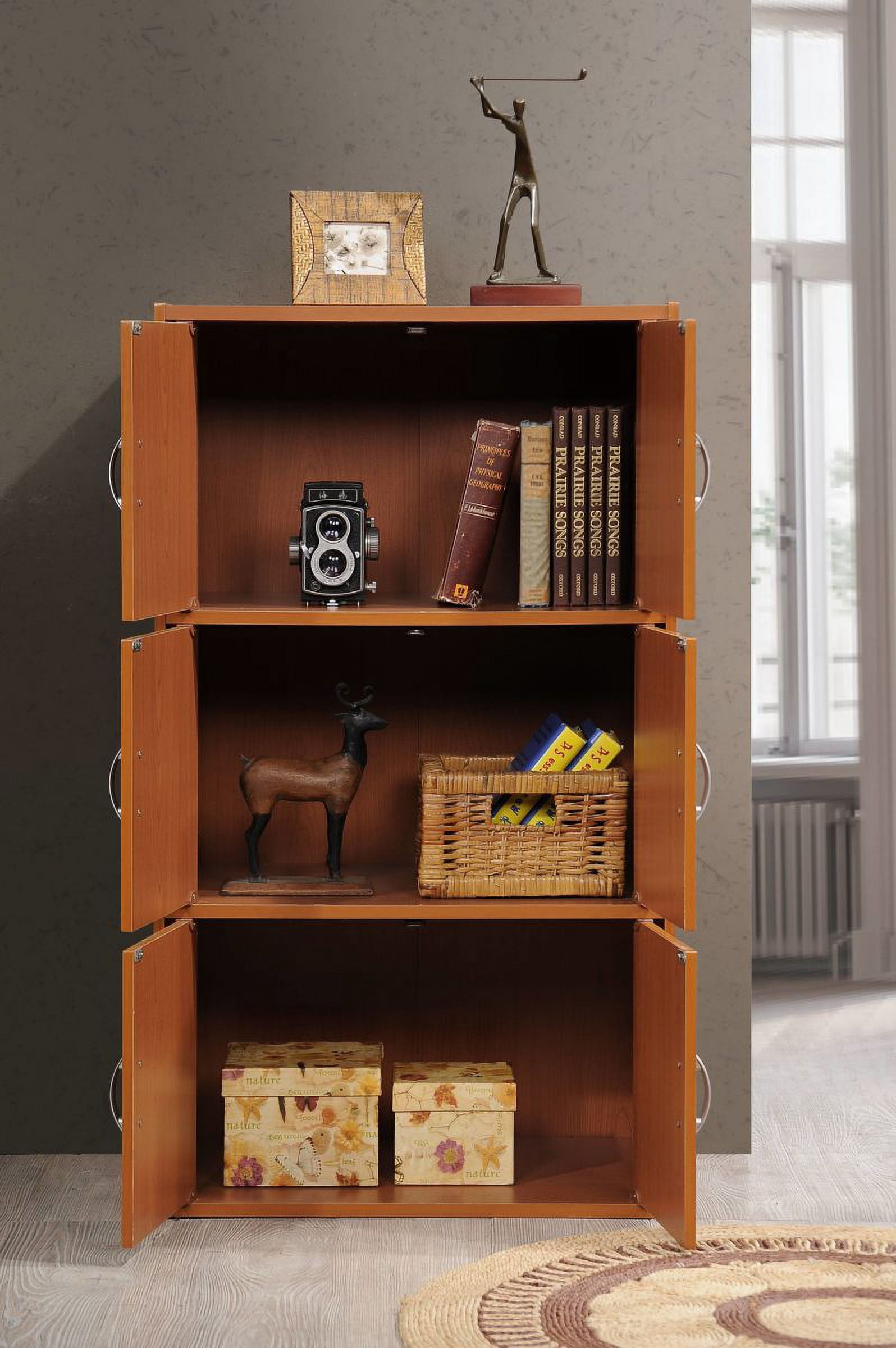 Hodedah 3-Shelf, 6-Door Multipurpose Bookcase, Cherry