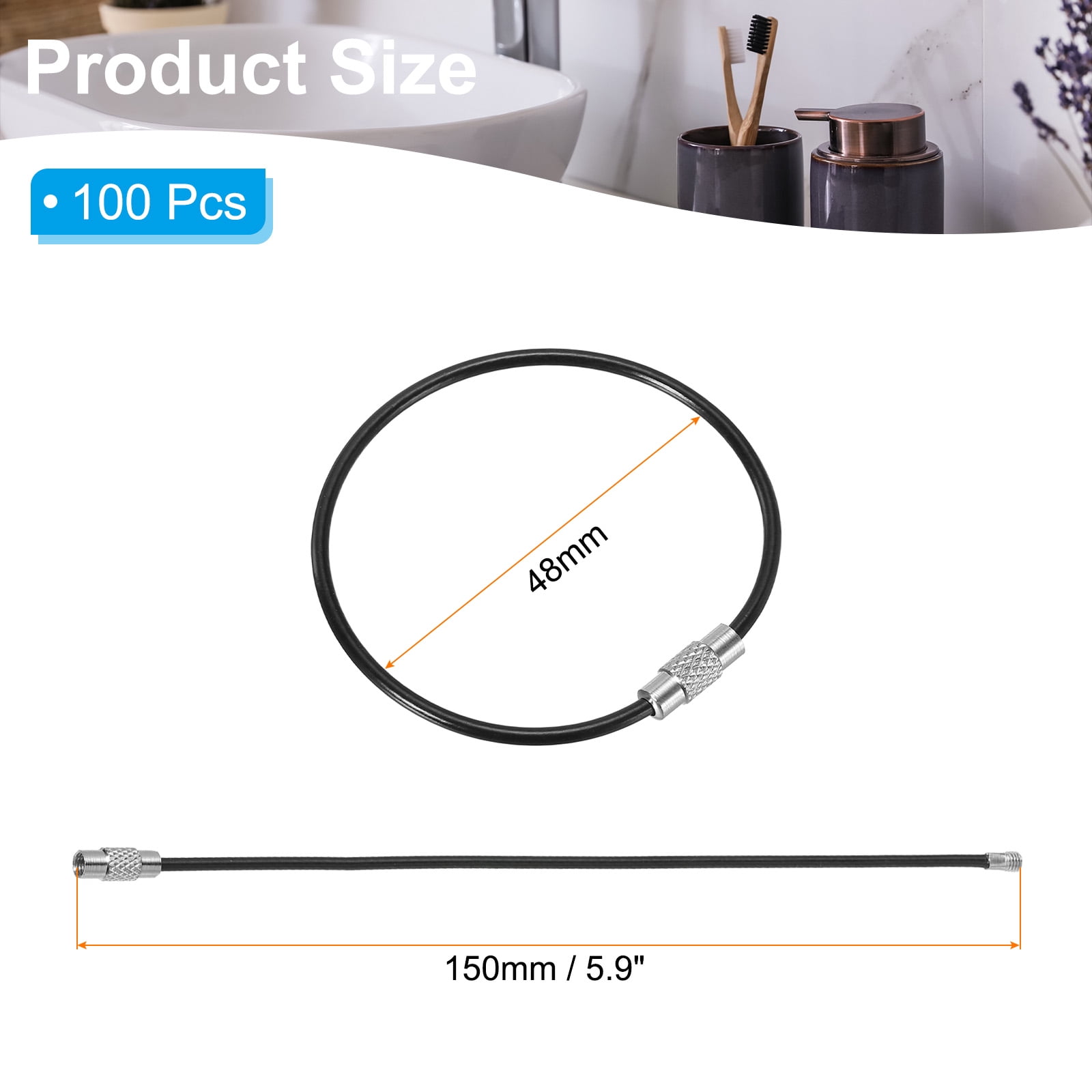 5.9 Inch Stainless Steel Wire Keychain Cable Key Ring Loop, Black, 100 Pack