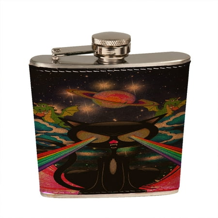 - KuzmarK 6 oz. Leather Flask Set in Black Presentation Box - Kitty Cat Rainbow Laser Eyes