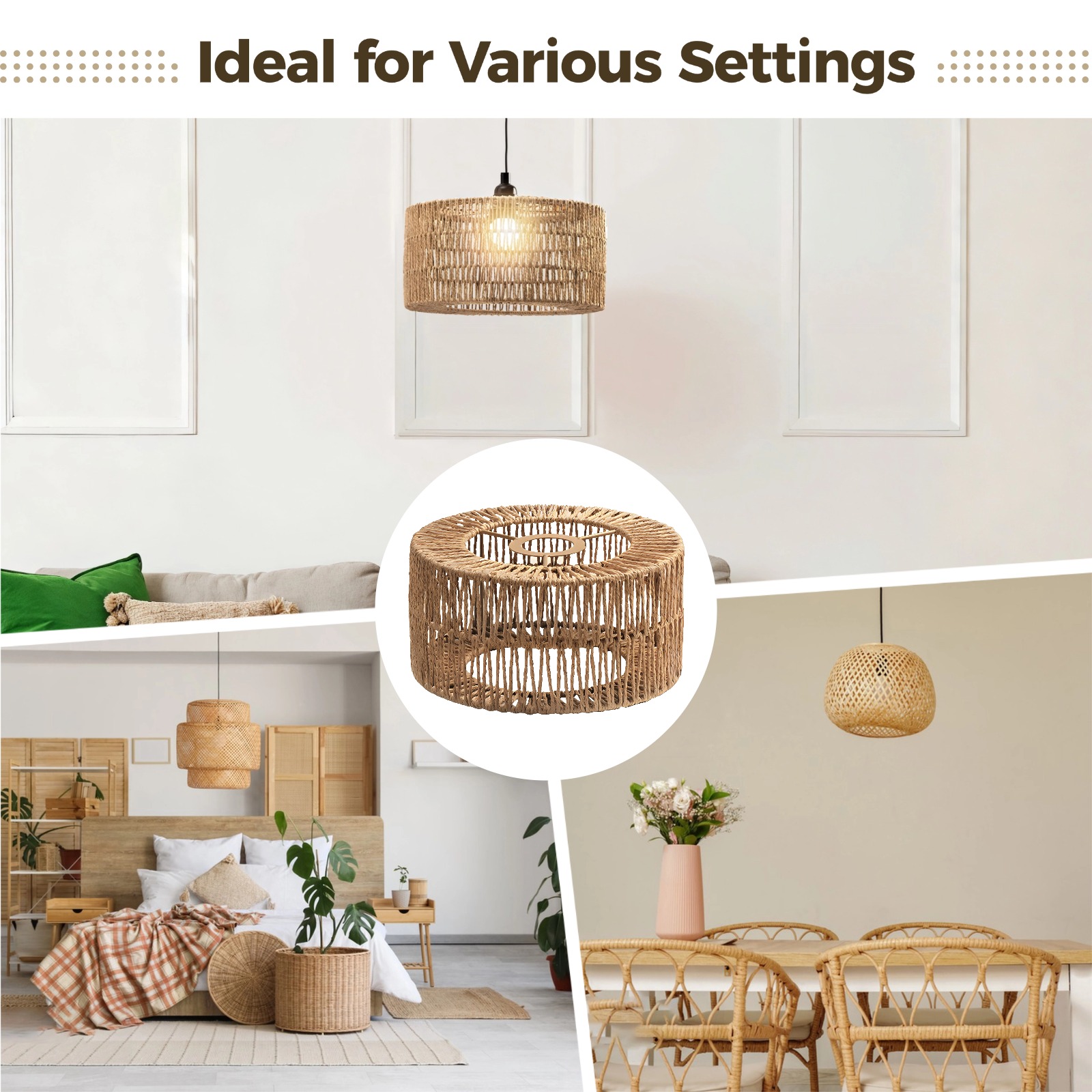 Rattan Lamp Shade, Bohemian Cylinder Lampshade, Rustic Paper Rope Light Cover, Floor Lamp Cover for Living Rooms, Cafes, Restaurants, Tea Rooms, Easy Installation