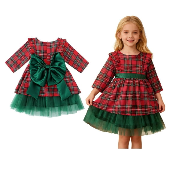 Christmas Dresses Long Sleeve Plaid Dress Girl Tulle Tutu Dress with Bow Toddler Fall Dresses 4-5 Years