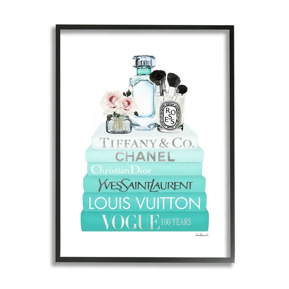 Stupell Industries Glam Fashion Cosmetics Soft Roses Blue Bookstack Beauty & Fashion Painting Black Framed Art Print Wall Art, 16 x 20