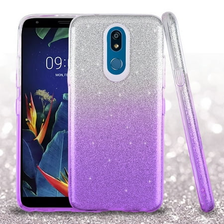 LG K40 Phone Case Slim Fit 3 Layer Luxury HYBRID Bling Glitter Crystal Candy Gummy Silicone Rubber Gel Soft TPU Protective Cover PURPLE SILVER Glittering Sparkle Phone Case Cover for LG K40