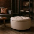 thumbnail image 4 of 28" Round Ottoman, Modern Ottoman with Storage, Tufted Upholstered Footstool with Wooden Legs, Round Coffee Table w/Removable-Top, Chenille Footrest for Living Room, Bedroom, Apartment, Brown, 4 of 9