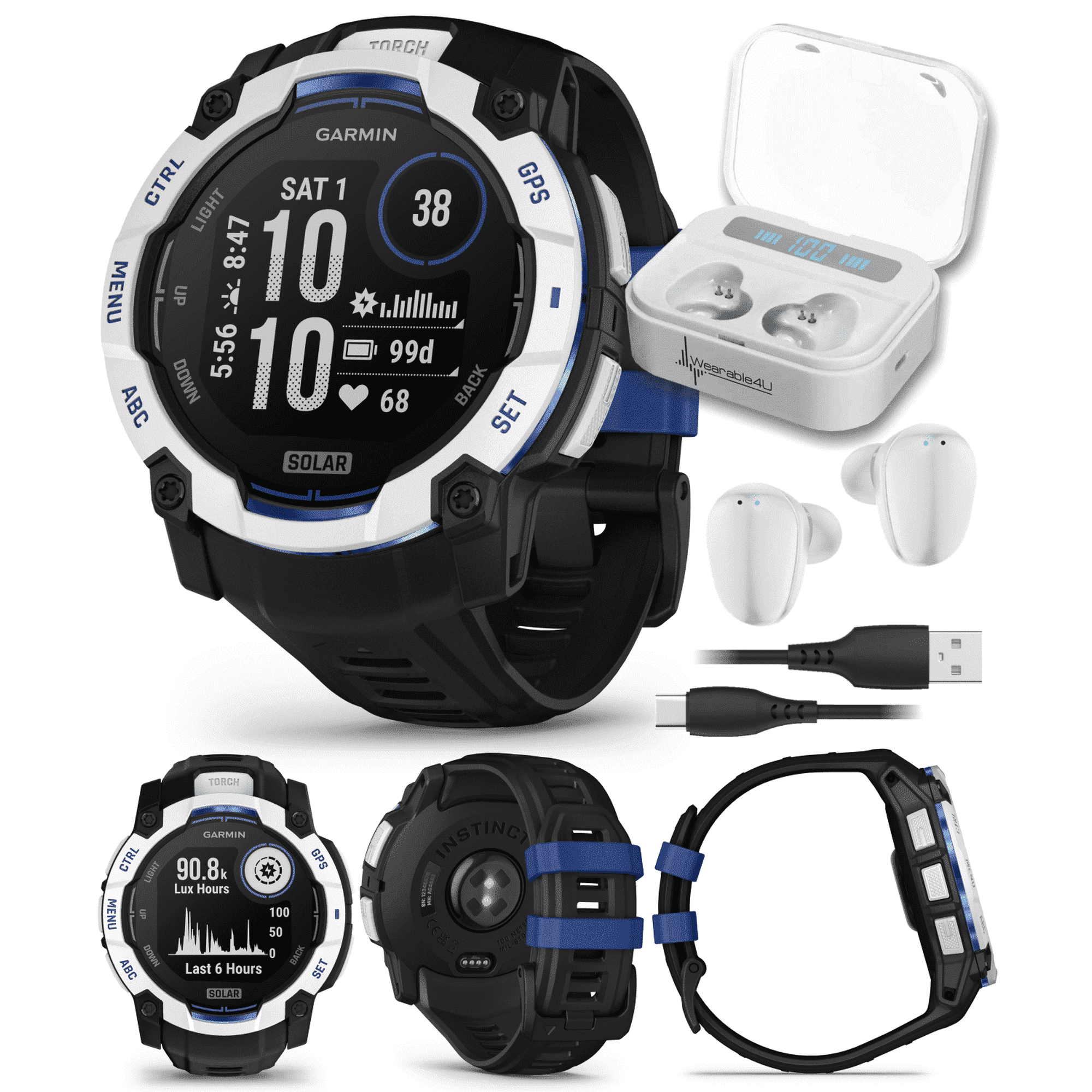 Garmin Instinct 3 Rugged Outdoor GPS Smartwatch 50mm Solar, Supernova Collection, Health & Fitness Tracking, Unlimited Battery, Whitestone/Bolt Blue w/ Wearable4U White EarBuds Bundle