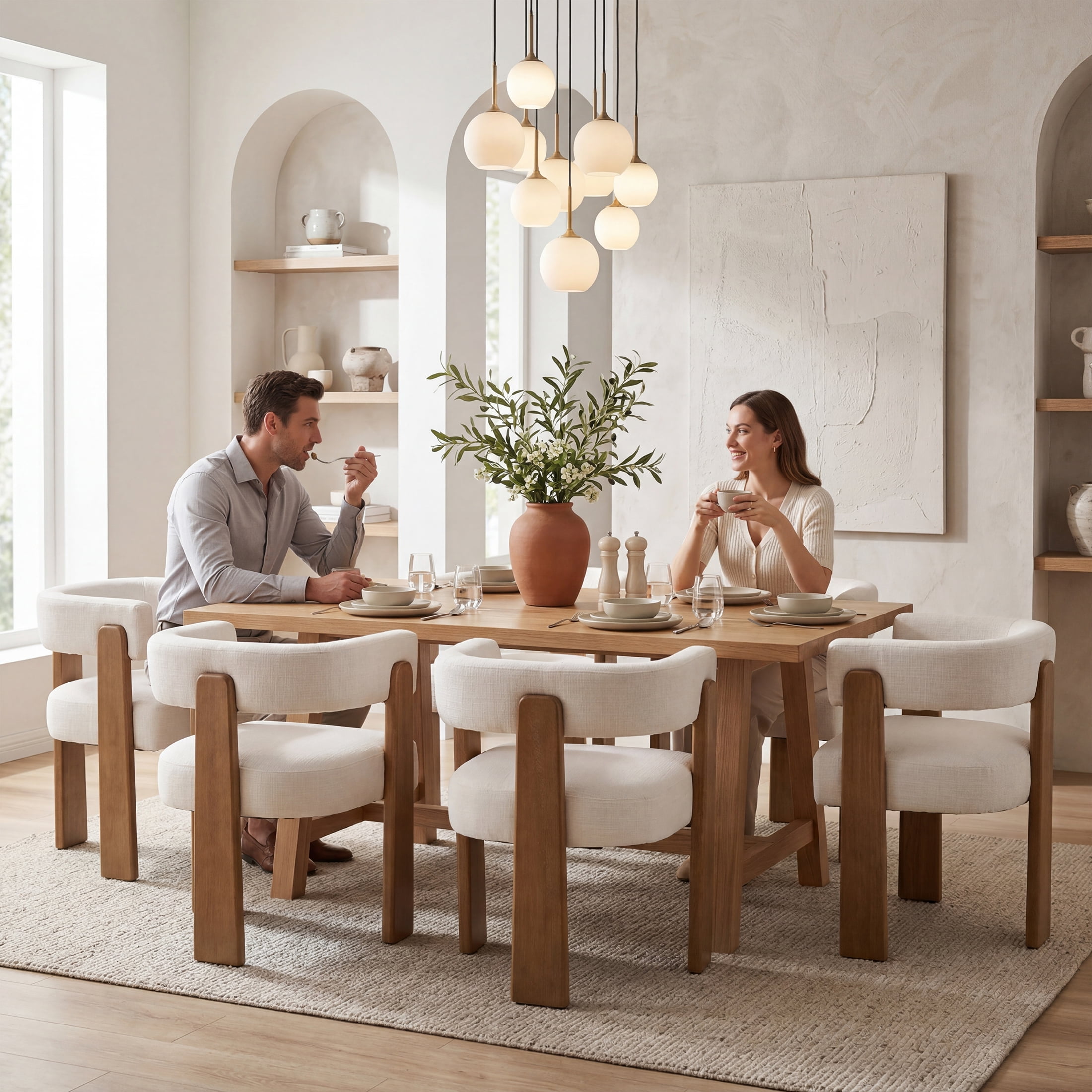Guyou Barrel Dining Chairs Set of 2, Modern Linen Upholstered Dining Room Chairs with Curved Back, Farmhouse Wooden Accent Side Armchairs for Dining Room, Living Room, and Kitchen, White