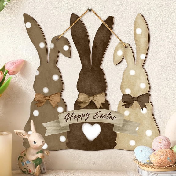 Easter Wooden Hanging Sign, Cute Wooden Bunny Happy Easter Wreath Door Sign, Grey White Brown Rabbit with Rustic Bow Flower Door Easter Decorations for Home School Spring Party Decor