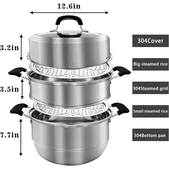 12.6 Inch 2-Tier Stainless Steel Steam Pot with Lid for Vegetable, Dumpling, Stock, Sauce, Food Cooking
