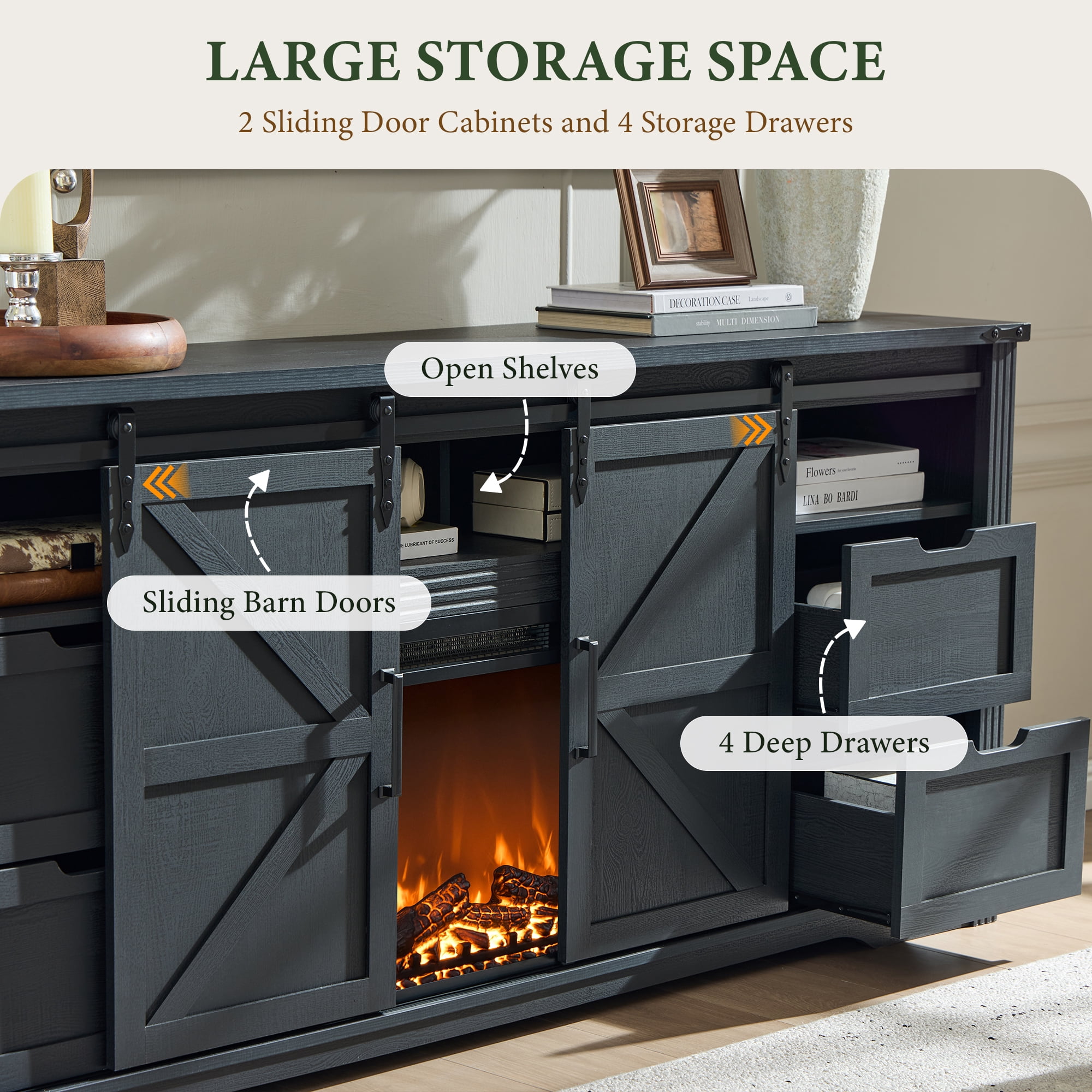IFMUST Farmhouse Fireplace TV Stand for TVs up to 80", 30" Electric Fireplace & Barn Door