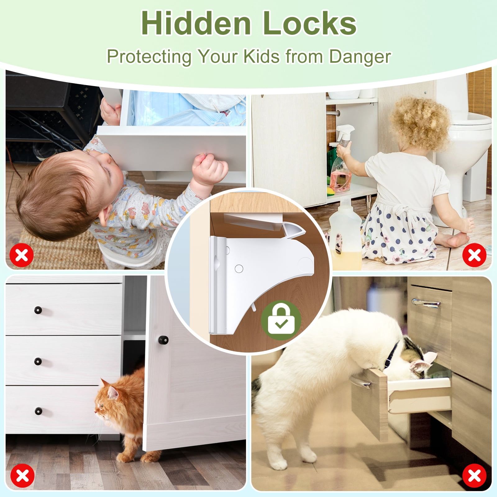 Child Safety Magnetic Cabinet Locks, AOSITE 12 Pack+3 Keys Baby Proofing Magnetic Drawer Locks for Kitchen with Adhesive No Drilling or Screws Fixed, 4 Baby Safety Cabinet Locks for Knobs