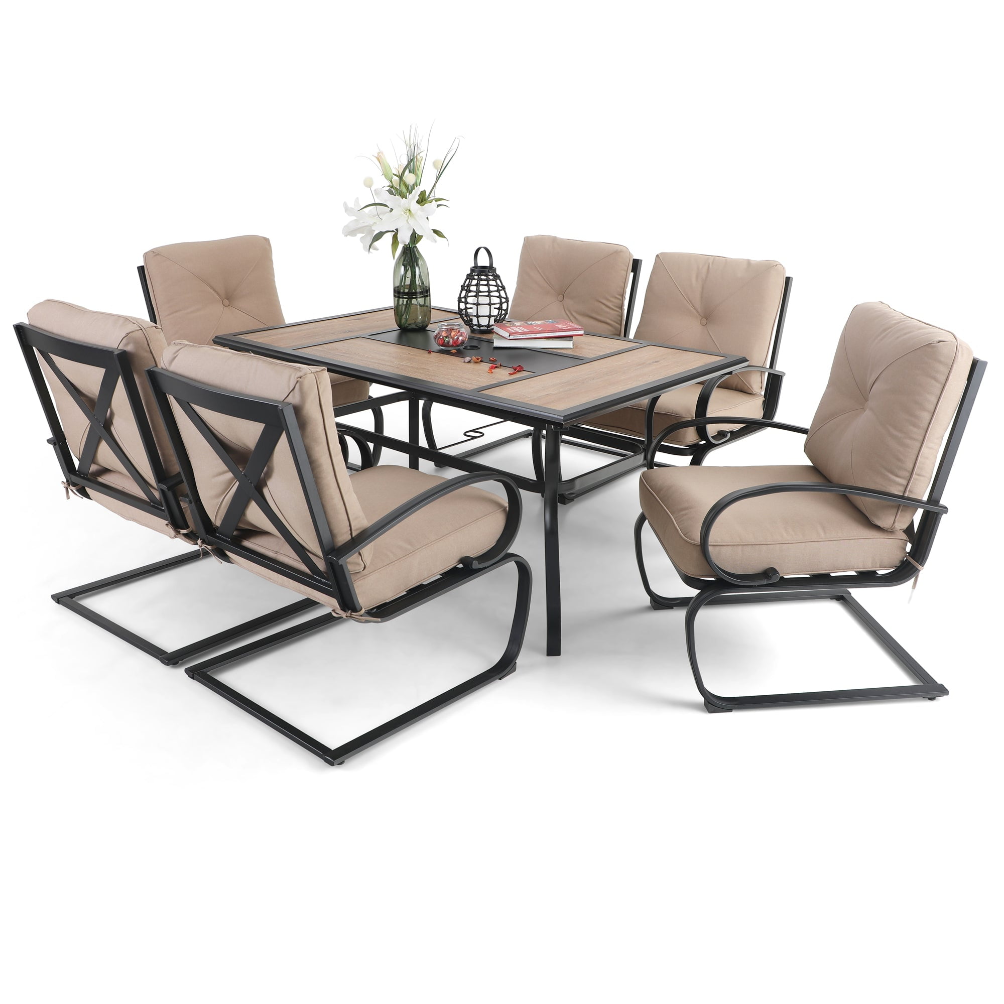 MF Studio 7PCS Outdoor Dining Set with Cushioned C-Spring Rocking Chairs&Rectangle Wood-like Table Modern Furniture for Patio, Beige