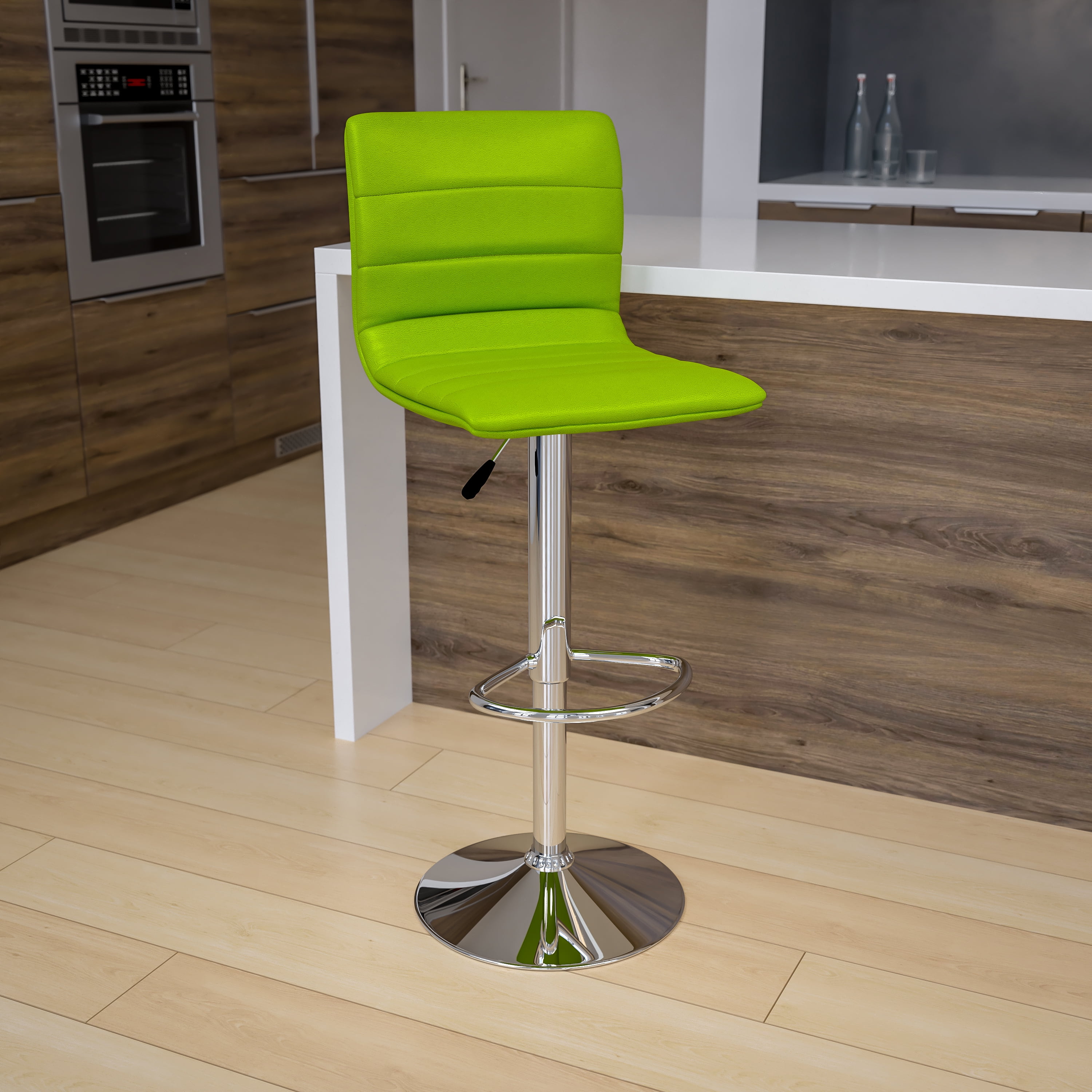 BizChair Modern Green Vinyl Adjustable Bar Stool with Back, Swivel Stool  with Chrome Pedestal Base and Footrest