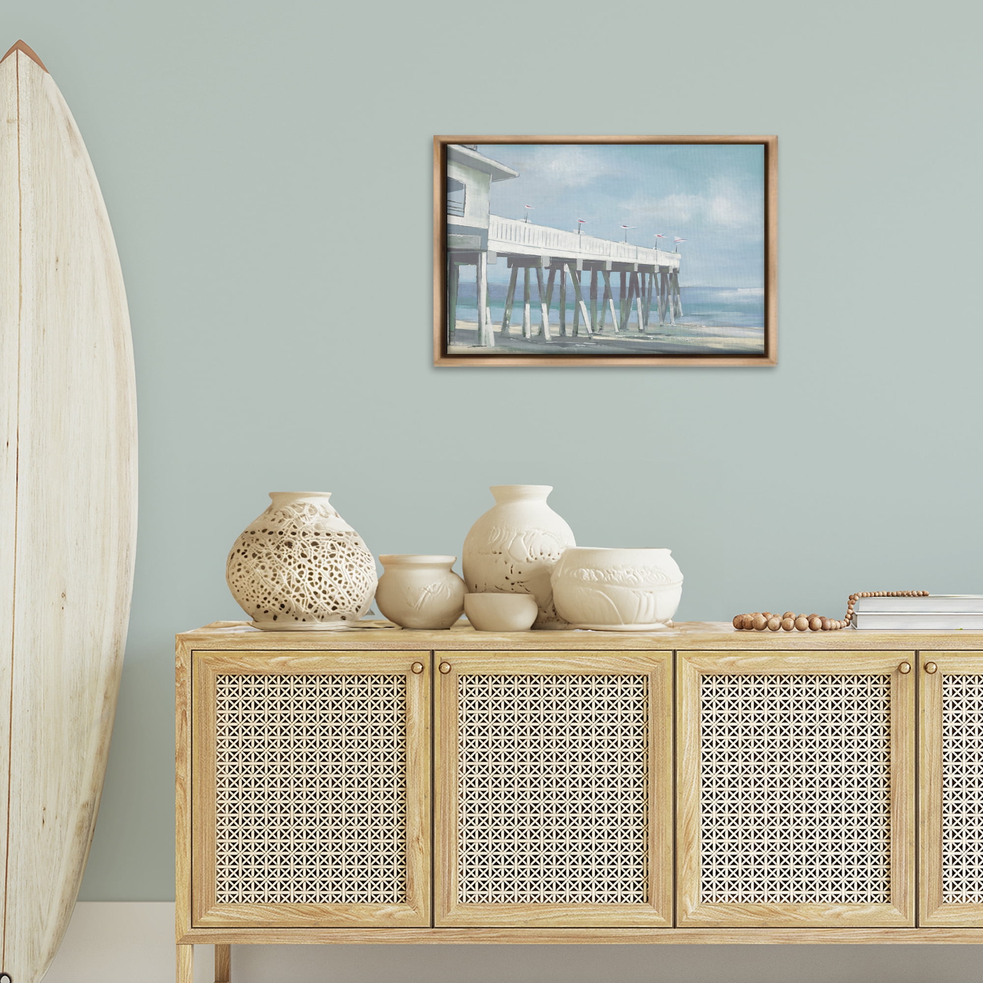 Stupell Industries Extended Pier over Beach Nautical & Beach Painting Brown Floater Framed Canvas Art Print Wall Art, 25 x 17