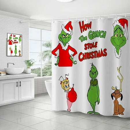 The Grinch Stole Christmas Printed Shower Curtain Toilet Lid Cover Bath Mat and Non-Slip Rug Bathroom Curtains Home Decorate 1PCS