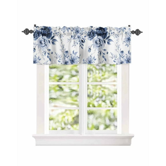 Booming Blue Gradient Floral Curtain Valances for Kitchen Windows,Rod Pocket Short Valance Watercolor Flowers on White Window Treatment for Living Room Bathroom Bedroom,54" x 18"-1 Panel