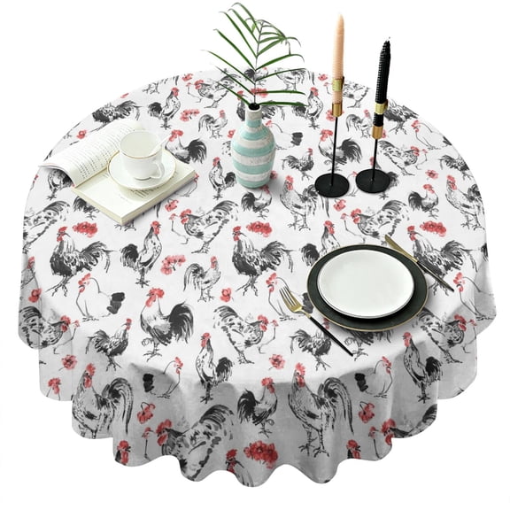 Red Flower Chicken Pattern Round Tablecloth 60"x60",Wrinkle Wipeable Table Cloth for Kitchen Dining Room Picnic Patio Party